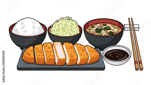 Traditional Japanese Meal with Rice Miso Soup and Tempura on a Serving Plate