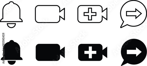 Interface notification and media icons in outline and solid.