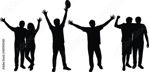 Silhouettes of celebratory pairs in dynamic poses, ideal for themes of unity, victory, and social event design projects.