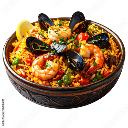 Steaming plate of arroz con mariscos a hearty venezuelan seafood and rice meal captured fresh and isolated on white background