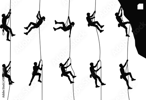 Silhouettes of climber ascending cliff with rope, ideal for outdoor adventure, sports, and motivational design projects.