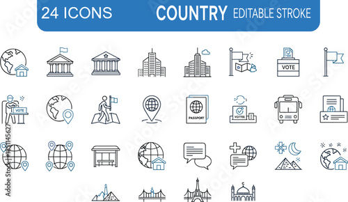 Country editable stroke line icons set featuring government landmarks travel voting maps passport national symbols vector illustration collection modern outline