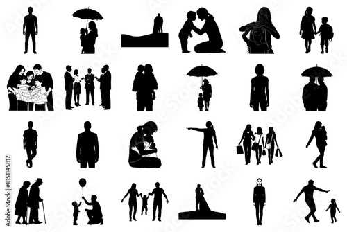 Array of Silhouettes Illustrating Family, Relationships, and Daily Life