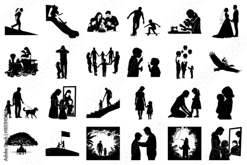 Diverse Silhouettes of Family Activities and Life Moments Keywords: family, people, silhouette