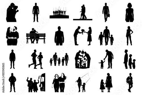 Collection of Black Silhouettes of People in Various Poses Keywords: silhouette, people, man