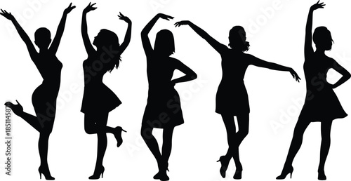Silhouettes of female dancers in expressive poses with dresses and heels, ideal for artistic, fashion, and dance design projects.