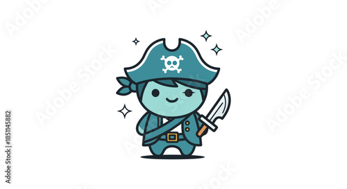 Cartoon pirate character with a hat and a sword isolated on white background