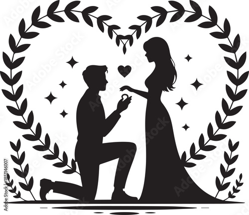 Romantic Couple Silhouette with Hearts on White Background