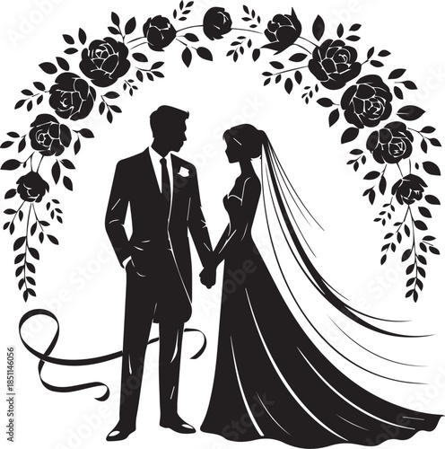 Romantic Couple Silhouette with Hearts on White Background