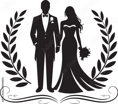 Romantic Couple Silhouette with Hearts on White Background