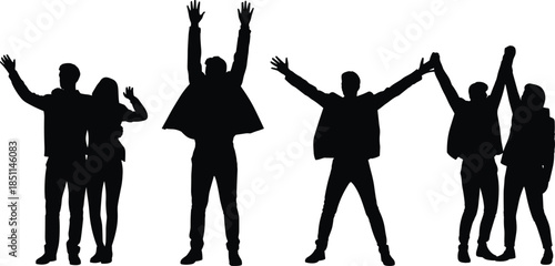 Silhouettes of joyful people in celebratory poses, ideal for themes of unity, friendship, and social event design projects.