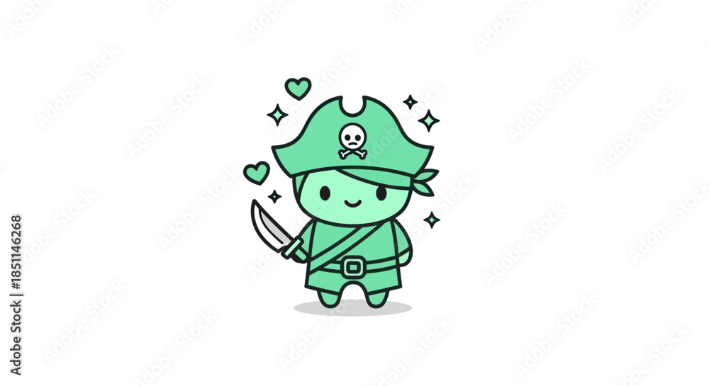 Fototapeta premium Cartoon pirate character with sword and hat isolated on white background