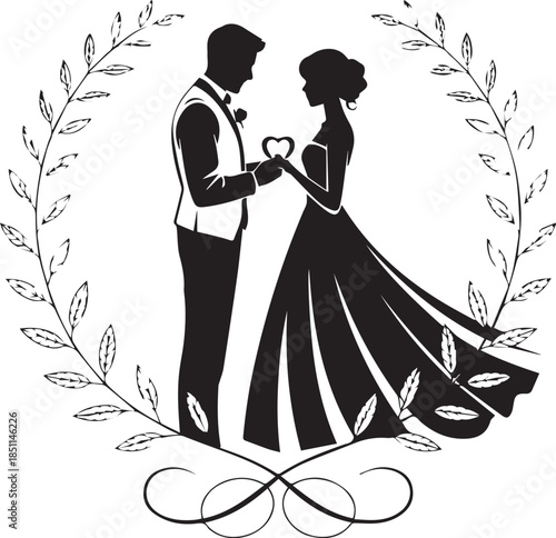 Romantic Couple Silhouette with Hearts on White Background