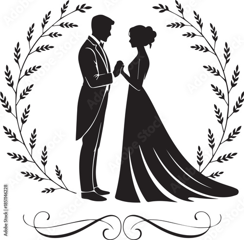 Romantic Couple Silhouette with Hearts on White Background