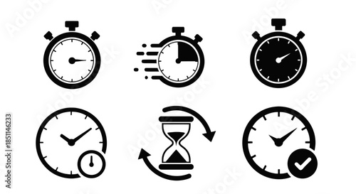 Collection of clock icons representing time management, speed, and deadlines, including stopwatch, hourglass, and clock face illustrations