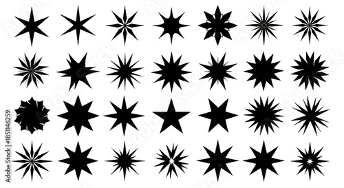 A collection of diverse black star shapes with varying numbers of points and designs, arranged in a grid on a white background.