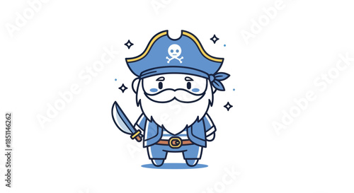 Cartoon pirate character with sword and hat isolated on white background