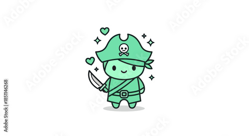 Cartoon pirate character with sword and hat isolated on white background