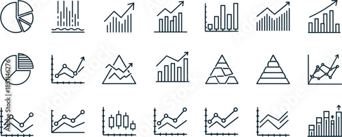 “Analytics and data visualization icons set featuring charts graphs statistics performance trends financial growth diagrams business metrics reporting graphics collection”
