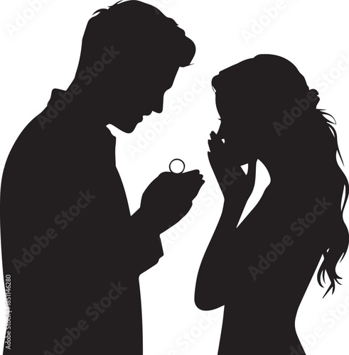 Romantic Couple Silhouette with Hearts on White Background