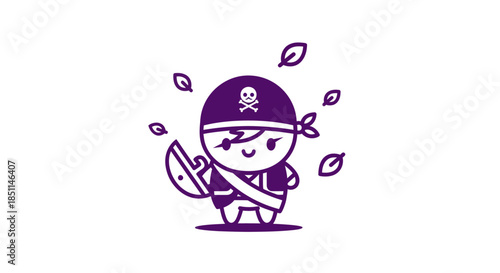 Cartoon pirate character with treasure and leaves isolated on white background