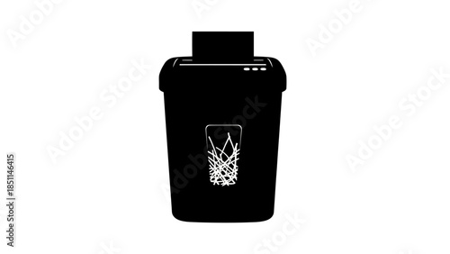 Black office paper shredder machine on a white background.