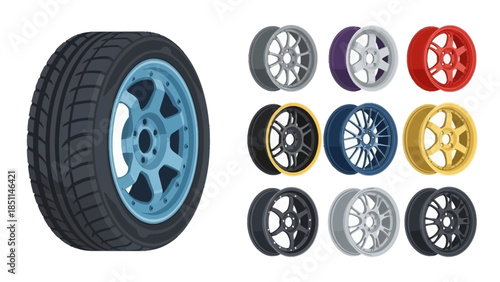 Vector Illustration of Car Tire and Wheel Plus Diverse Alloy Rim Options Set