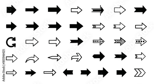 A comprehensive collection of diverse arrow icons and symbols in various styles and directions, including solid, outlined, curved, and straight designs.