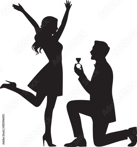 Romantic Couple Silhouette with Hearts on White Background