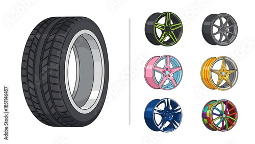 Diverse Automotive Wheel Rims and Tire Illustration Set for Vehicle Customization