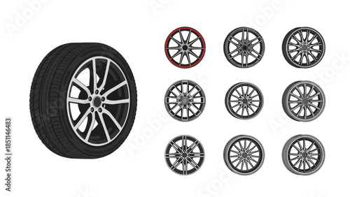 Vector Illustration Showcase: Diverse Car Wheel and Tire Designs for Vehicle Customization