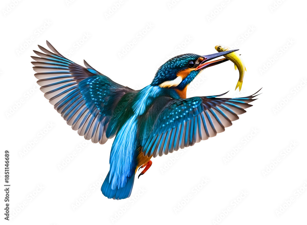 Obraz premium Vibrant kingfisher bird in flight with catch isolated on transparent background