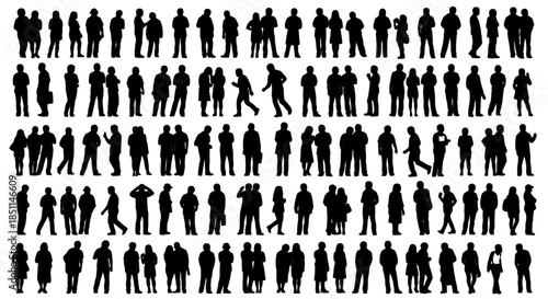 A large collection of black silhouettes of people in various poses, representing a diverse crowd or group of individuals.