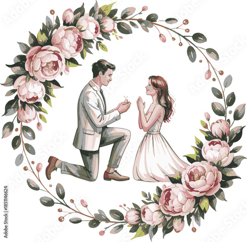 Romantic Couple Silhouette with Hearts on White Background