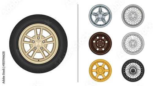 Collection of diverse automotive wheels and a tire, various designs as vector illustrations