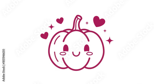 Cartoon pumpkin character with hearts and stars on white background
