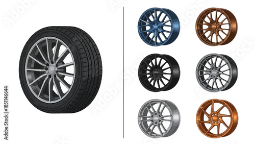 Showcasing automotive wheels and a tire, with a collection of diverse rim designs and colors