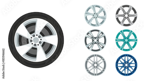 Diverse Automotive Wheel and Rim Designs Collection, Vector Illustrations for Vehicle Parts