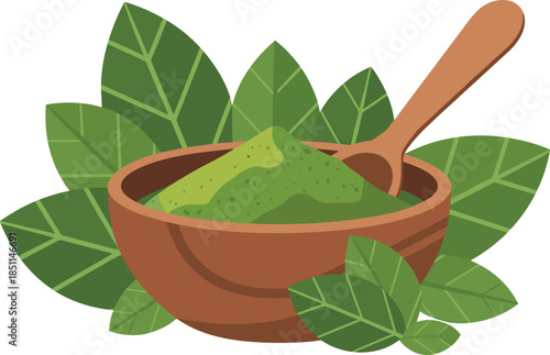 Matcha Green Tea Powder in Wooden Bowl with Spoon and Leaves Vector Illustration
