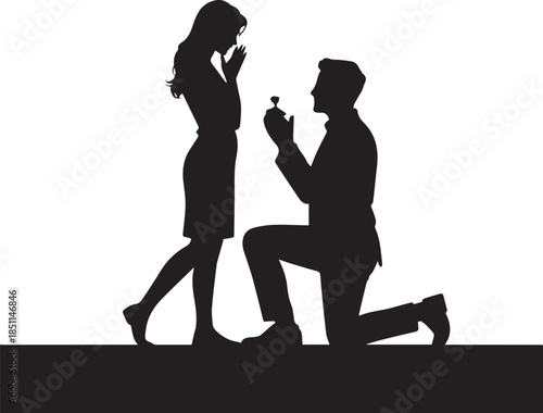 Romantic Couple Silhouette with Hearts on White Background