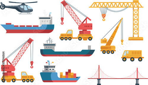 Transport and construction vector set with ships, cranes, vehicles, and bridge, ideal for infrastructure and logistics design projects.