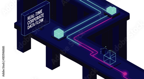 Abstract visualization of real-time corporate data flow across interconnected digital networks and systems.
