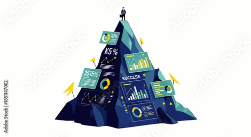 A determined businessman stands triumphantly atop a data-rich mountain, illustrating the strategic climb towards achieving significant business success.