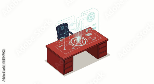 An empty office chair sits behind a modern red desk featuring an advanced holographic interface displaying complex data visualizations and futuristic interactive technology.