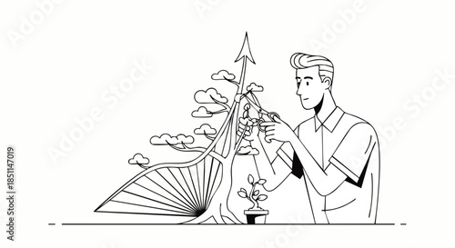 A focused man carefully tends to a stylized plant structure featuring an upward arrow, symbolizing diligent effort in cultivating growth and achieving future aspirations.