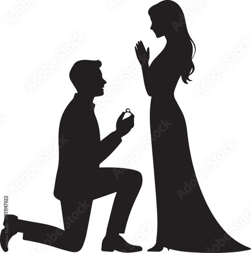 Romantic Couple Silhouette with Hearts on White Background