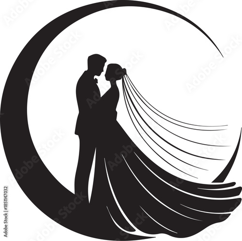 Romantic Couple Silhouette with Hearts on White Background