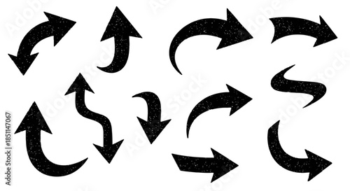 Collection of Textured Arrow Icons with Curvy and Straight Designs for Navigation and Directional Guidance