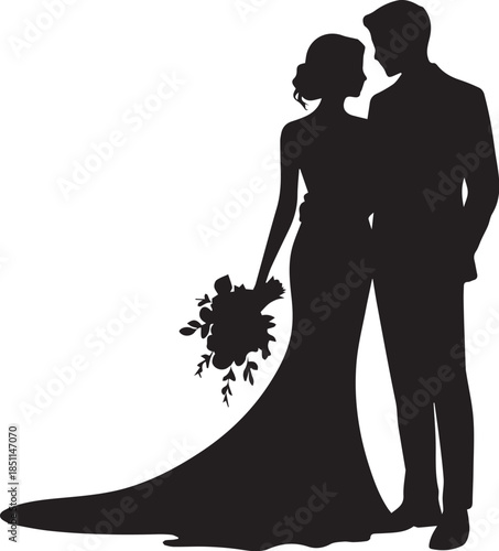 Romantic Couple Silhouette with Hearts on White Background