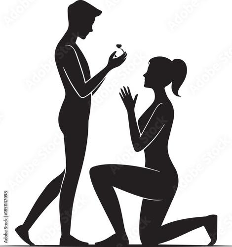 Romantic Couple Silhouette with Hearts on White Background